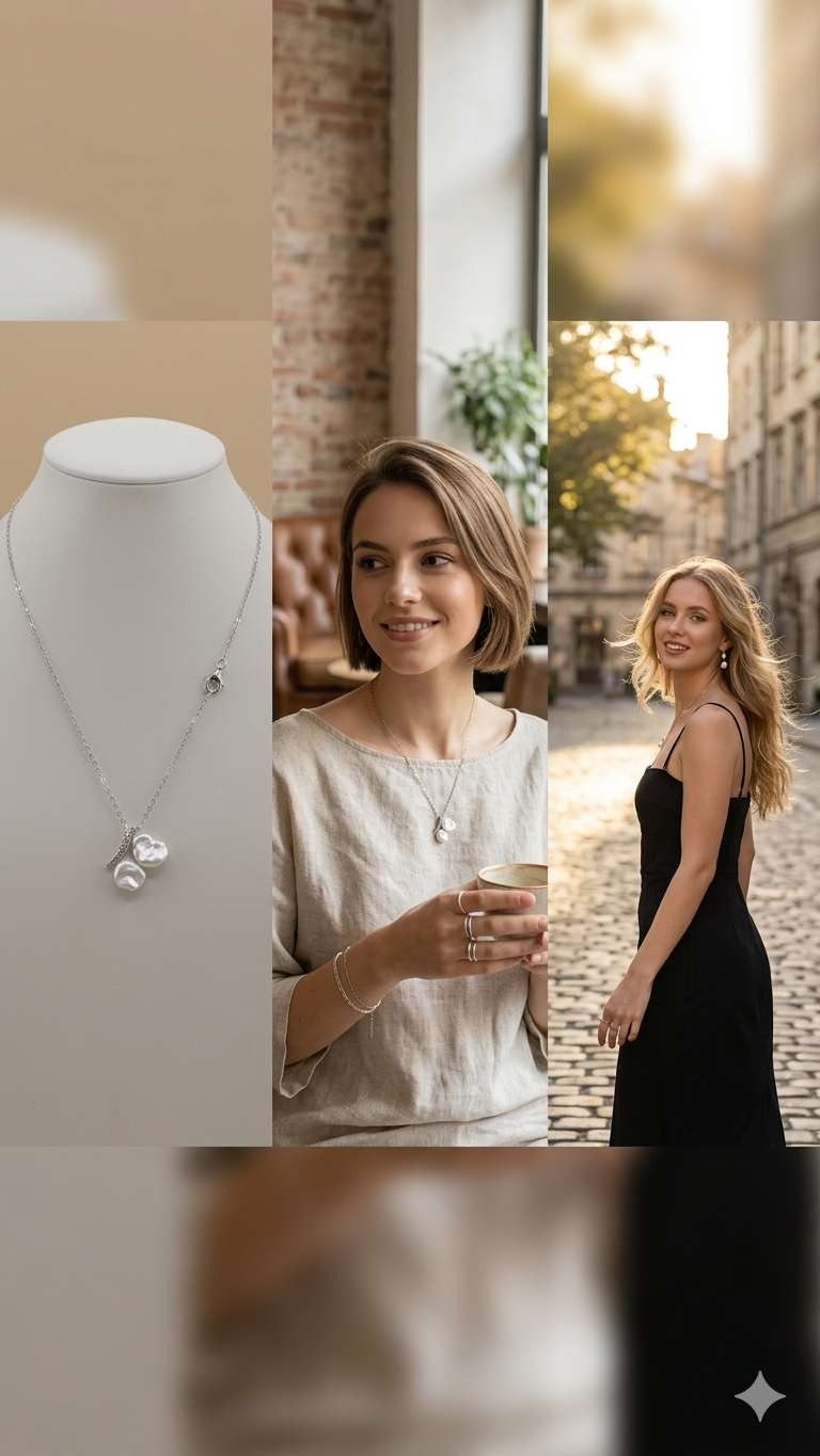 Handcrafted French Vintage Baroque Pearl Double Pendant Necklace - Sterling Silver Cherry Blossom Drop Choker