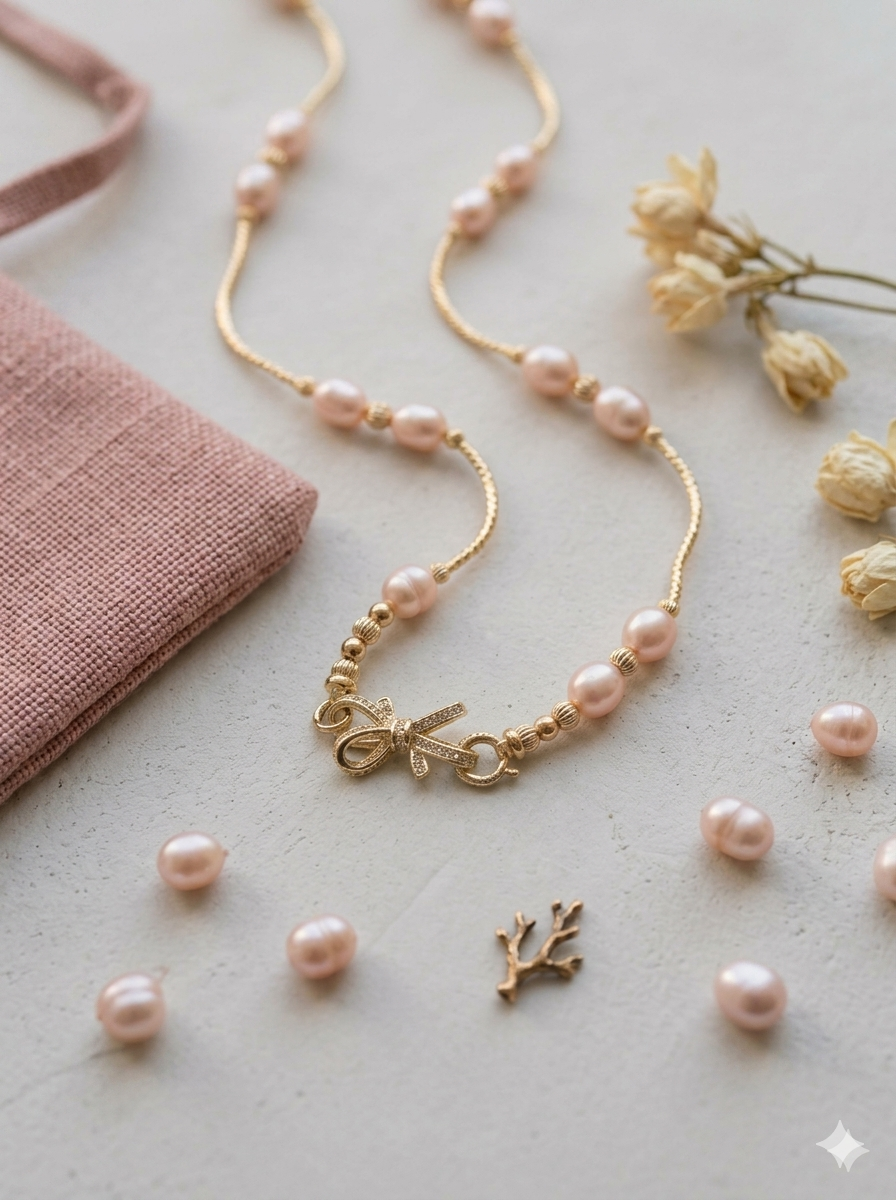 Aurelia Pink Freshwater Pearl Necklace with Vintage Bow Clasp