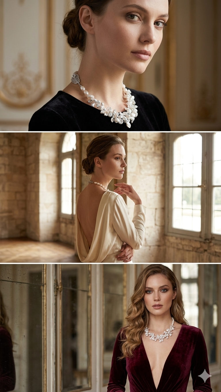 The "Ocean’s Whisper" Handmade Barque Pearl Cluster Necklace with Feather Clasp