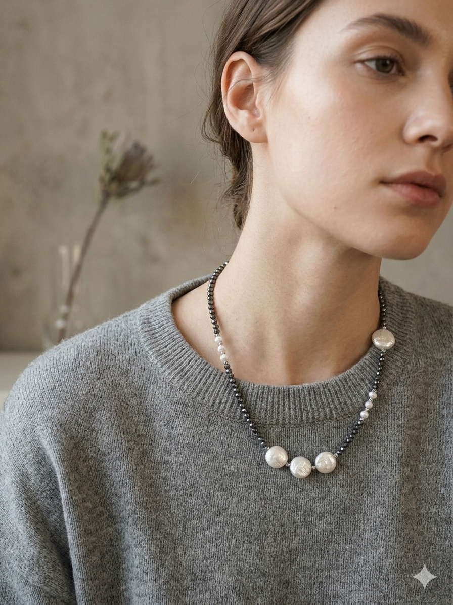 Edgy Sweet-Cool Asymmetrical Pearl Choker • Genuine Baroque Coin Pearl & Black Beaded Statement Necklace • Ins Style Jewelry