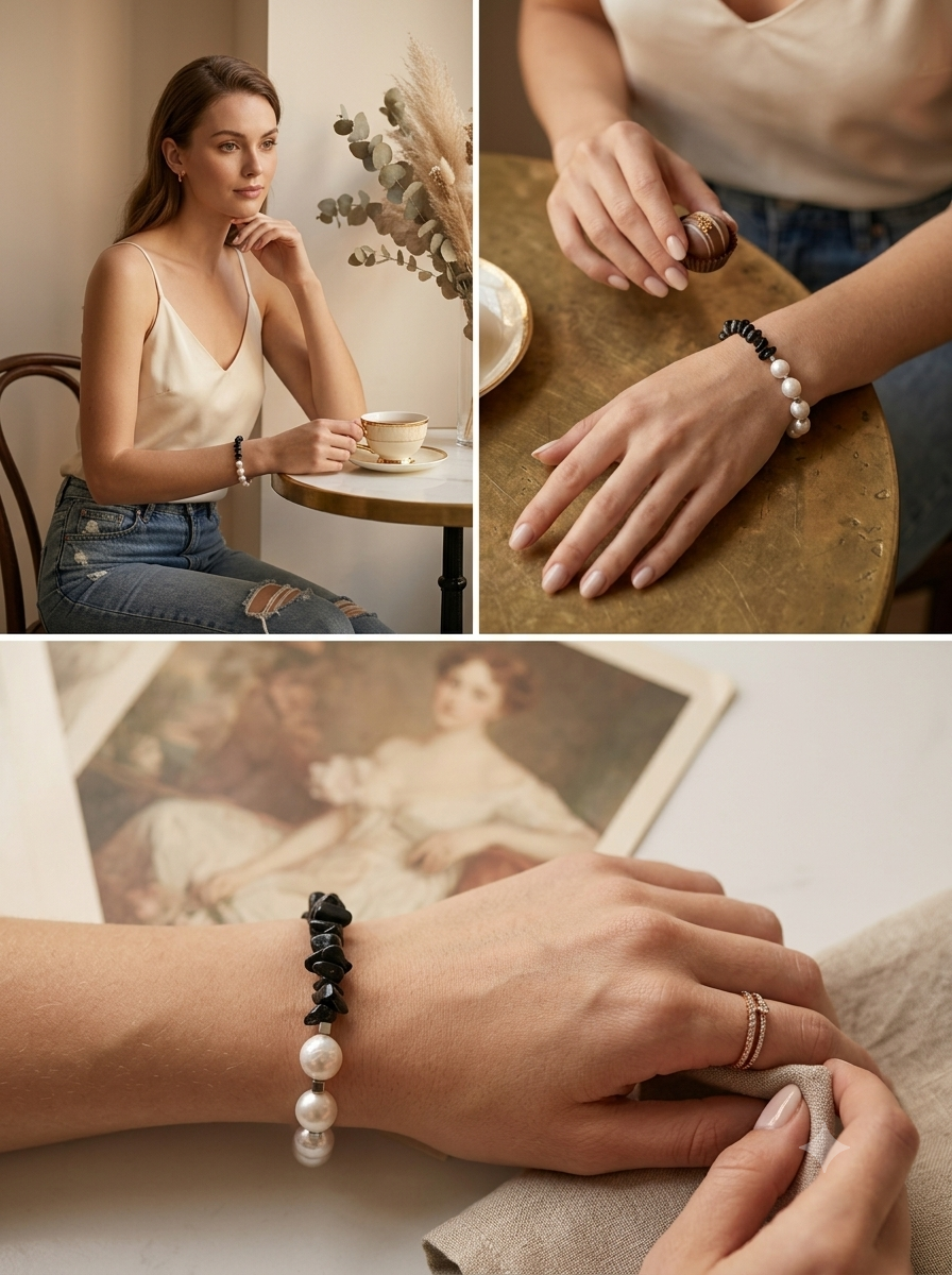 Echoes of Earth Handmade Pearl & Black Tourmaline Chip Bracelet