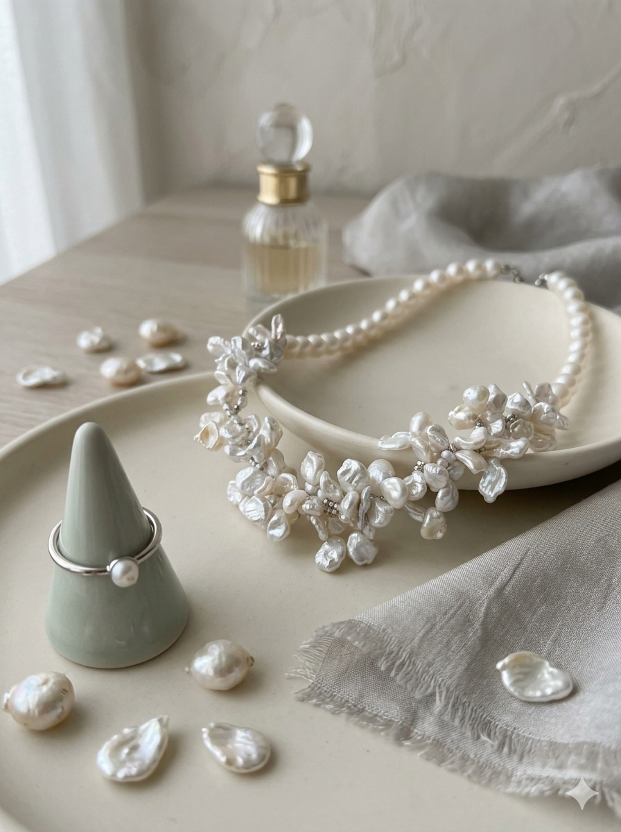 The "Ocean’s Whisper" Handmade Barque Pearl Cluster Necklace with Feather Clasp