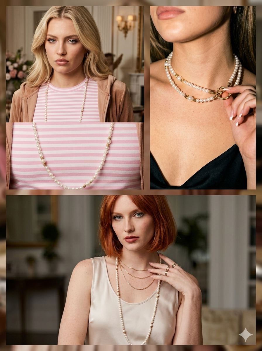 Aurelia Pearl Opera Necklace – Handcrafted Multi-Way Long Pearl Necklace with Textured Gold Accents