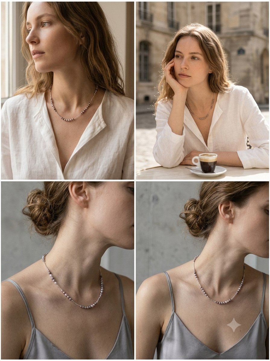 Handmade natural light purple pearl silver starry sky necklace