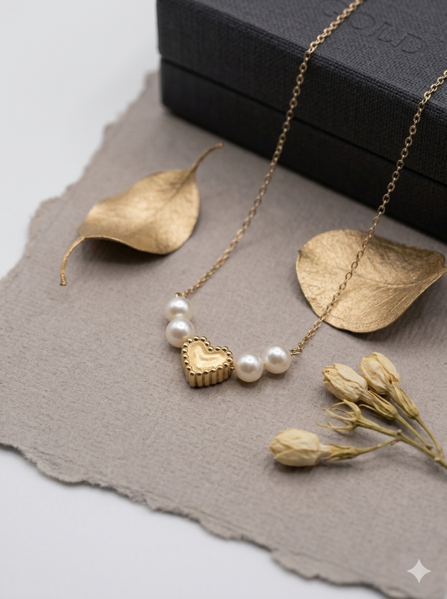 "Whispers of the Sea" — Vintage Textured Golden Heart & Natural Pearl Necklace