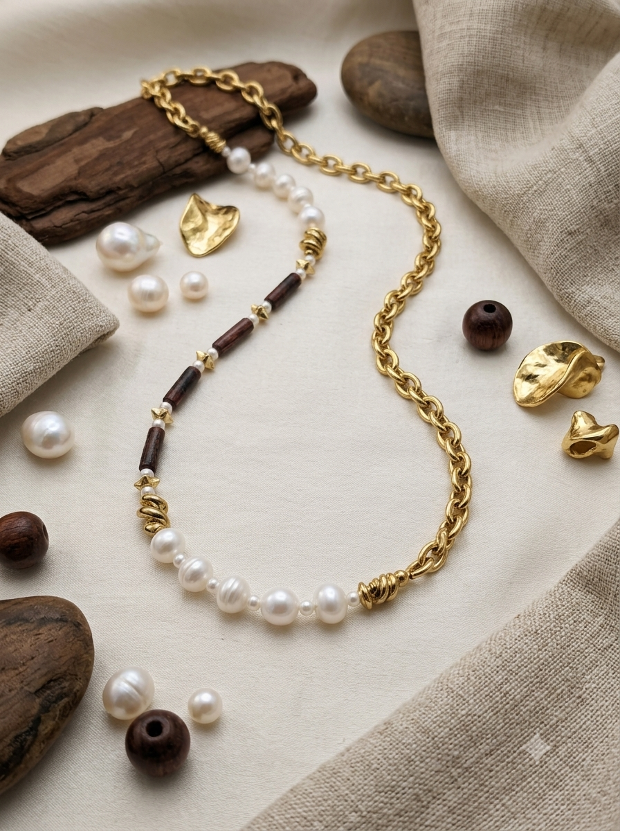 Echoes of Earth Handcrafted Baroque Pearl & Asymmetric Chain Necklace