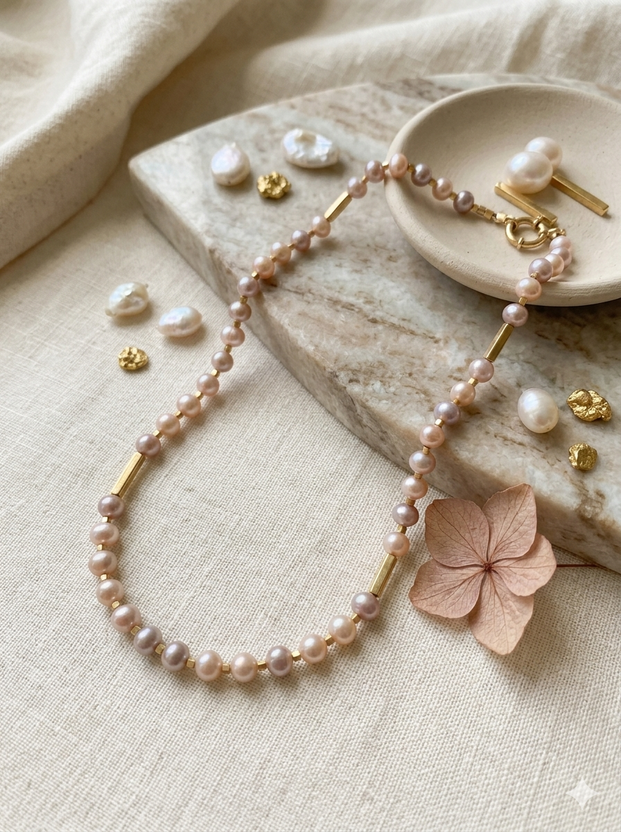 The Aurora Pastel Keshi Pearl Choker – Handmade Multi-Tone Pearl & Gold Column Necklace