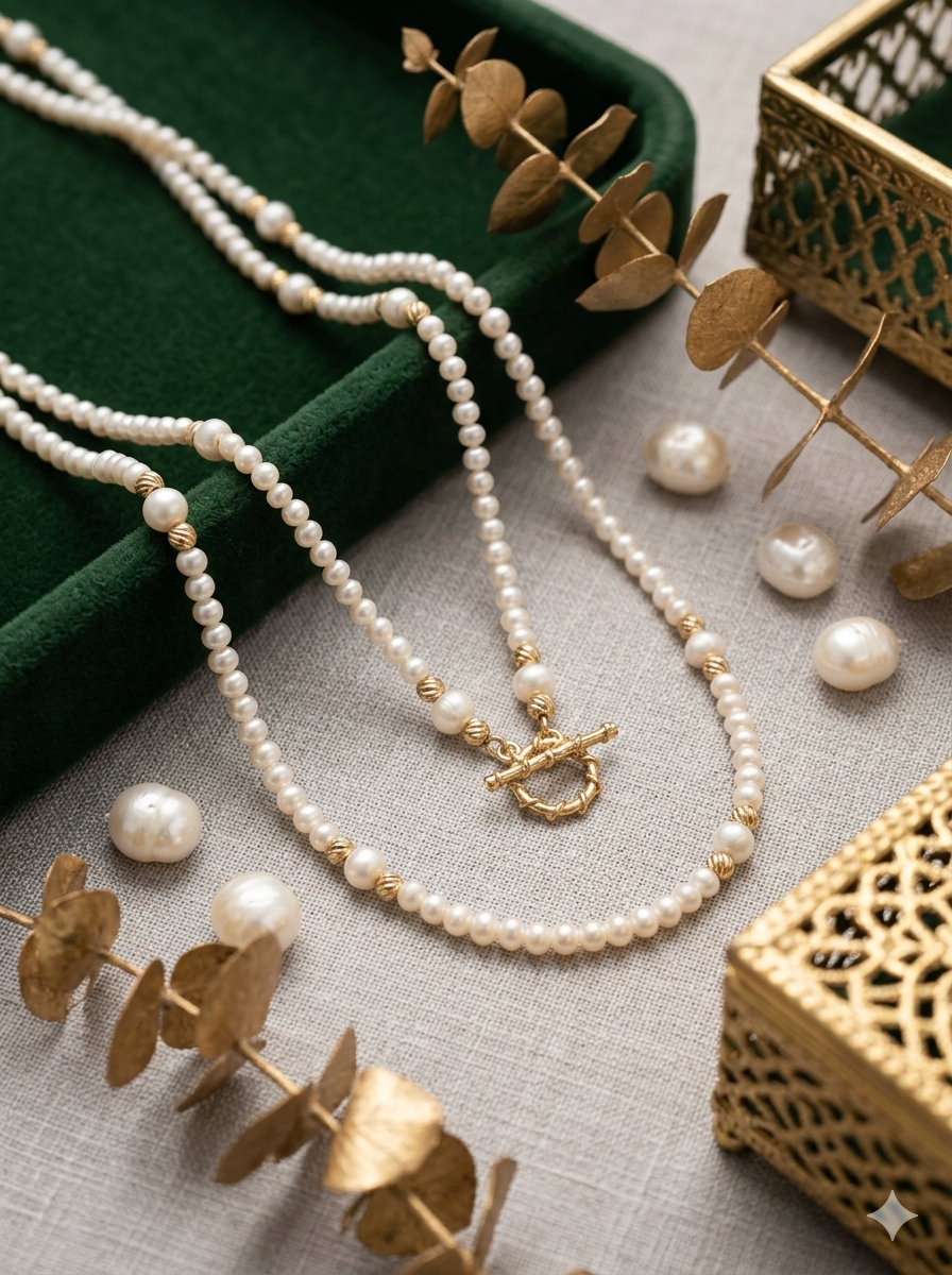 Aurelia Pearl Opera Necklace – Handcrafted Multi-Way Long Pearl Necklace with Textured Gold Accents