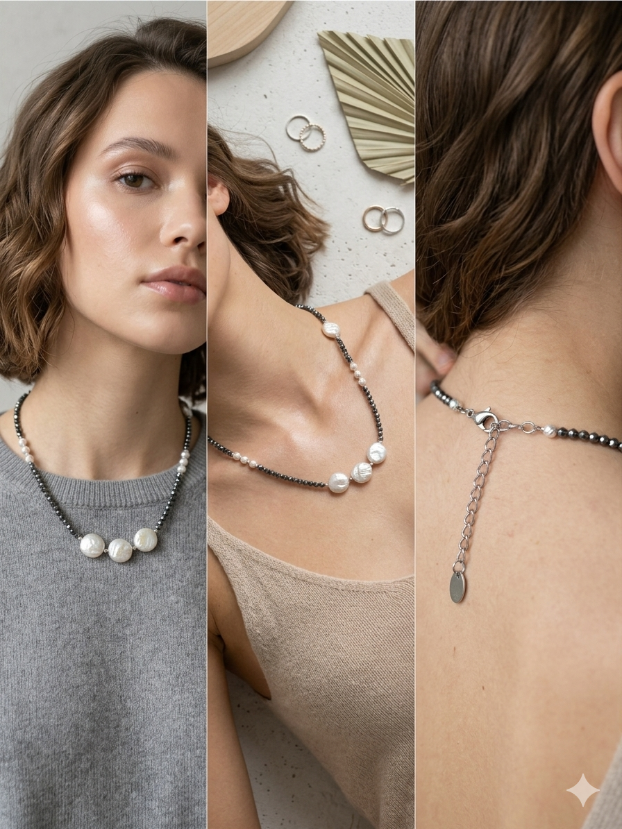 Edgy Sweet-Cool Asymmetrical Pearl Choker • Genuine Baroque Coin Pearl & Black Beaded Statement Necklace • Ins Style Jewelry