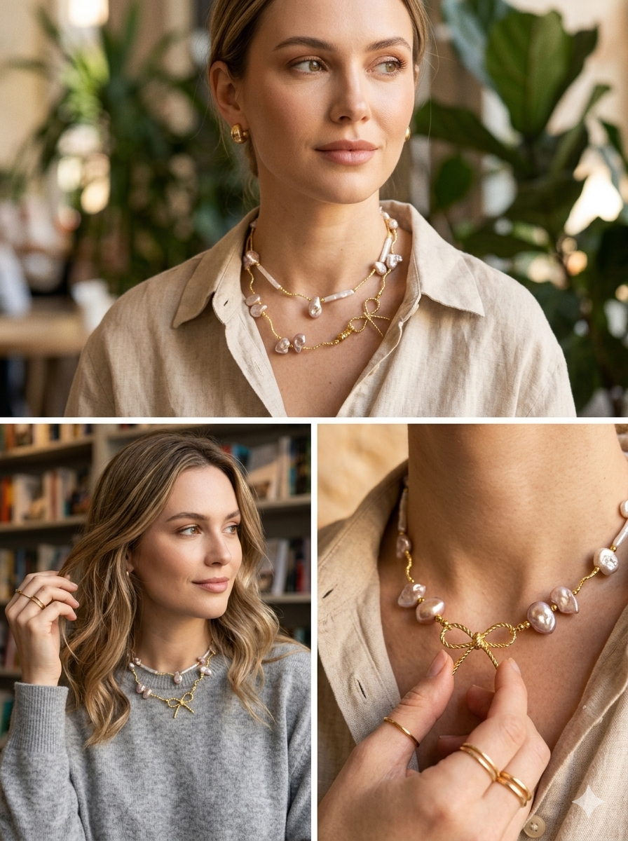 The Aphrodite Bow & Iridescent Baroque Pearl Necklace