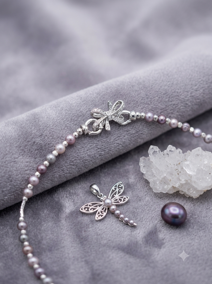 Handmade natural light purple pearl silver starry sky necklace