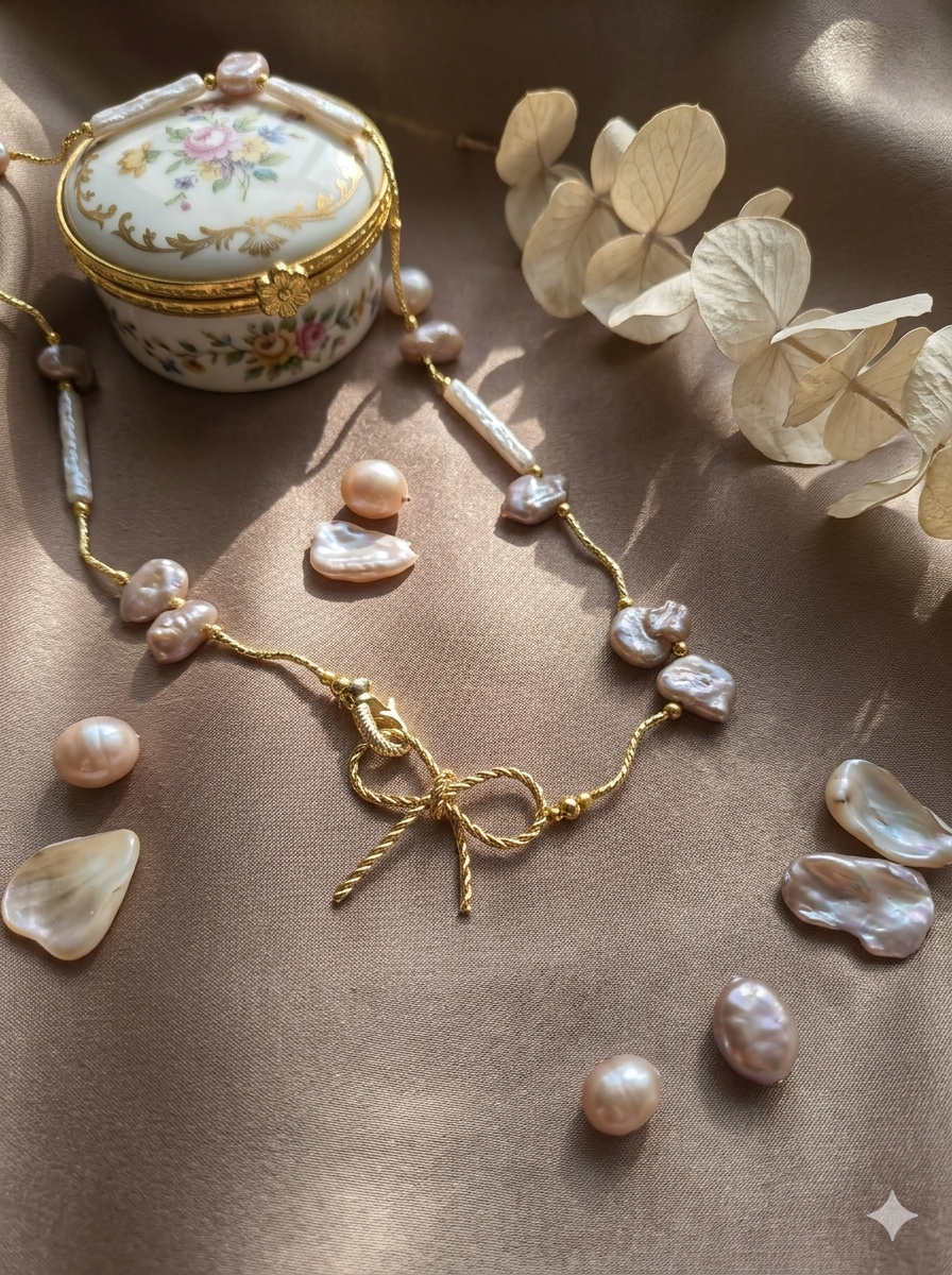 The Aphrodite Bow & Iridescent Baroque Pearl Necklace